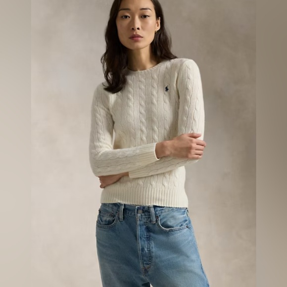 Ralph Lauren cable knit cotton crew neck sweater size small cream color - Picture 2 of 5